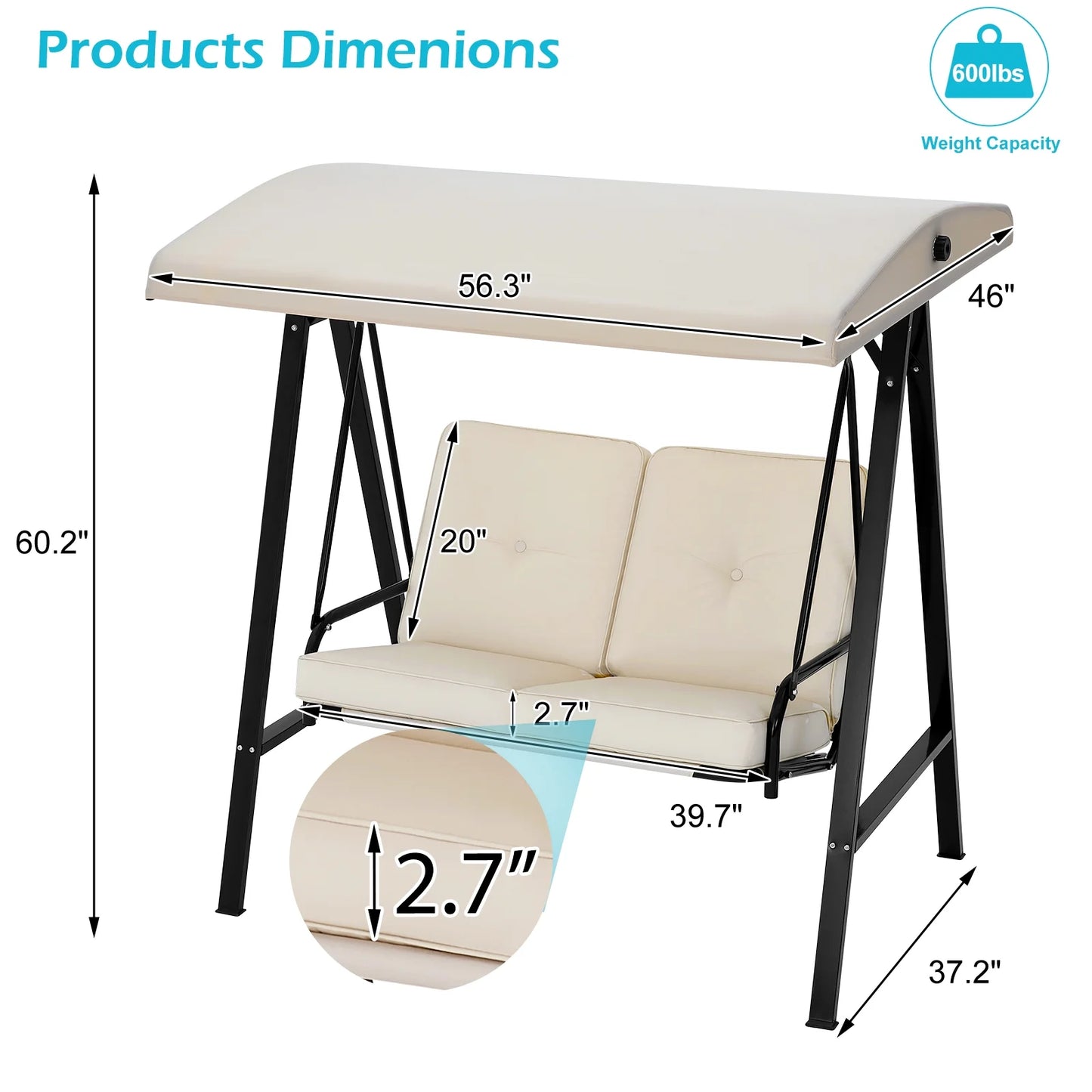 AECOJOY 2 Persons Outdoor Patio Canopy Steel Porch Swing Chair-Beige