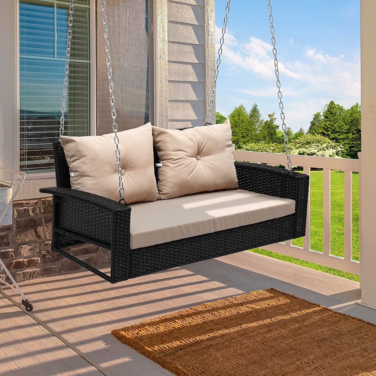 Craftian 2-Seats Wicker Hanging Porch Swing Chair Outdoor Black Rattan Patio Swing Lounge w/2 Back Cushions Capacity 770lbs for Garden, Balcony, Living Room, Beige