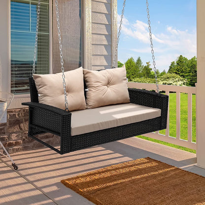 Craftian 2-Seats Wicker Hanging Porch Swing Chair Outdoor Black Rattan Patio Swing Lounge w/2 Back Cushions Capacity 770lbs for Garden, Balcony, Living Room, Beige