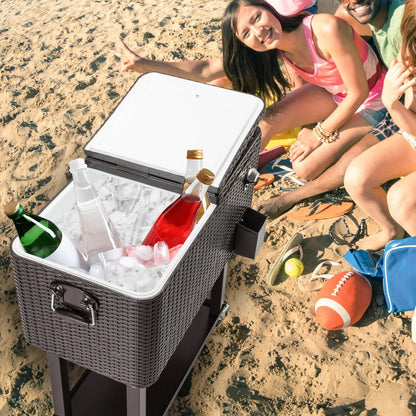 CAIHONG 80 Quart Rolling Ice Chest on Wheels, Portable Party Bar Cold Drink Beverage Cart Tub for Outdoor Patio Deck, Dark Brown Wicker Faux Rattan Tub Trolley, 34.25 x 15.16 x 34.25"
