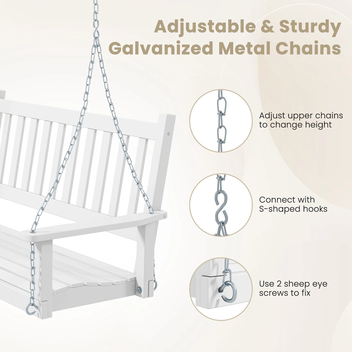 Costway 3-Person Wooden Outdoor Porch Swing Heavy Duty Patio Hanging Bench Chair White