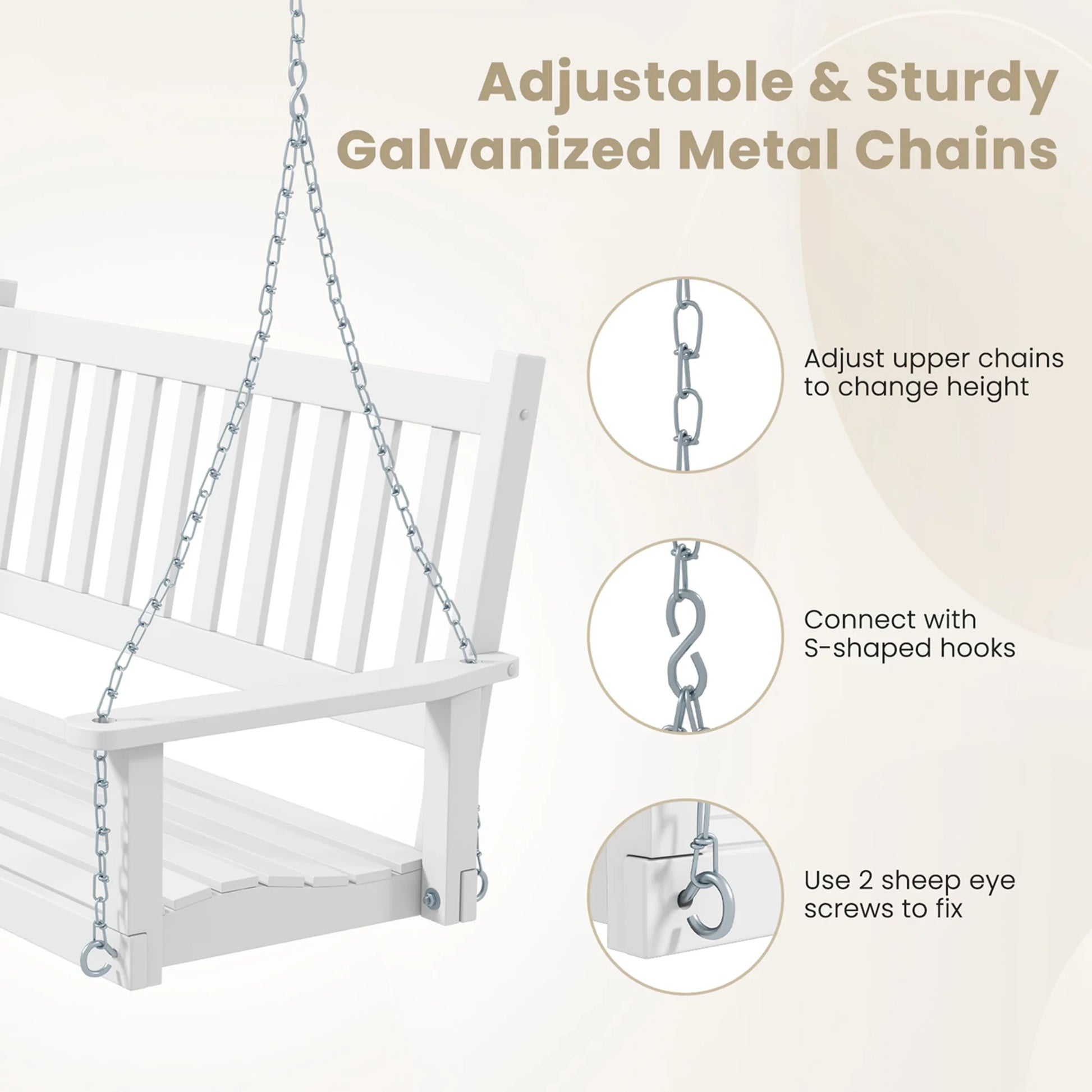 Costway 3-Person Wooden Outdoor Porch Swing Heavy Duty Patio Hanging Bench Chair White