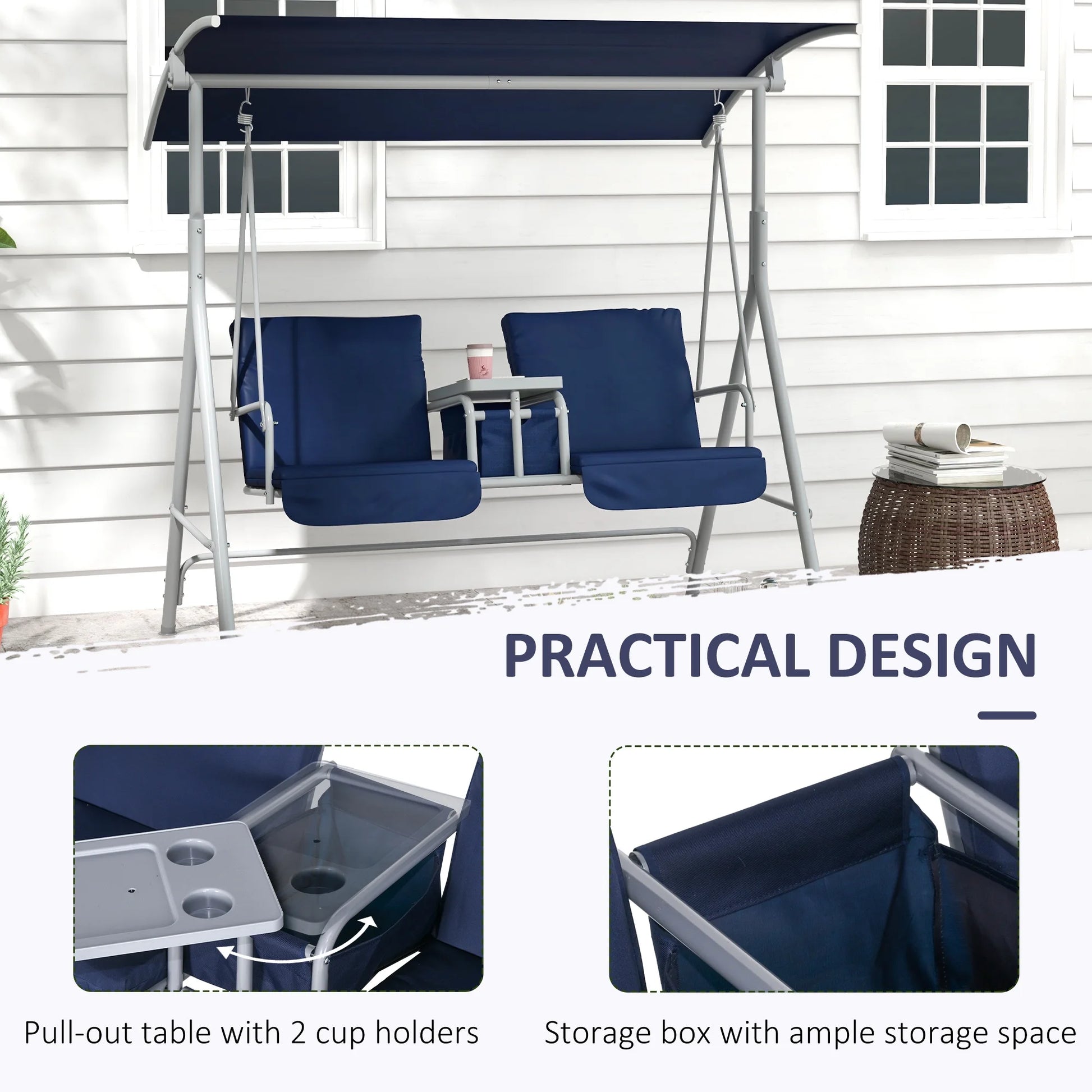 Outsunny 2 Person Porch Swing with Stand, Outdoor Swing with Canopy, Pivot Storage Table, 2 Cup Holders, Cushions for Patio, Backyard, Dark Blue