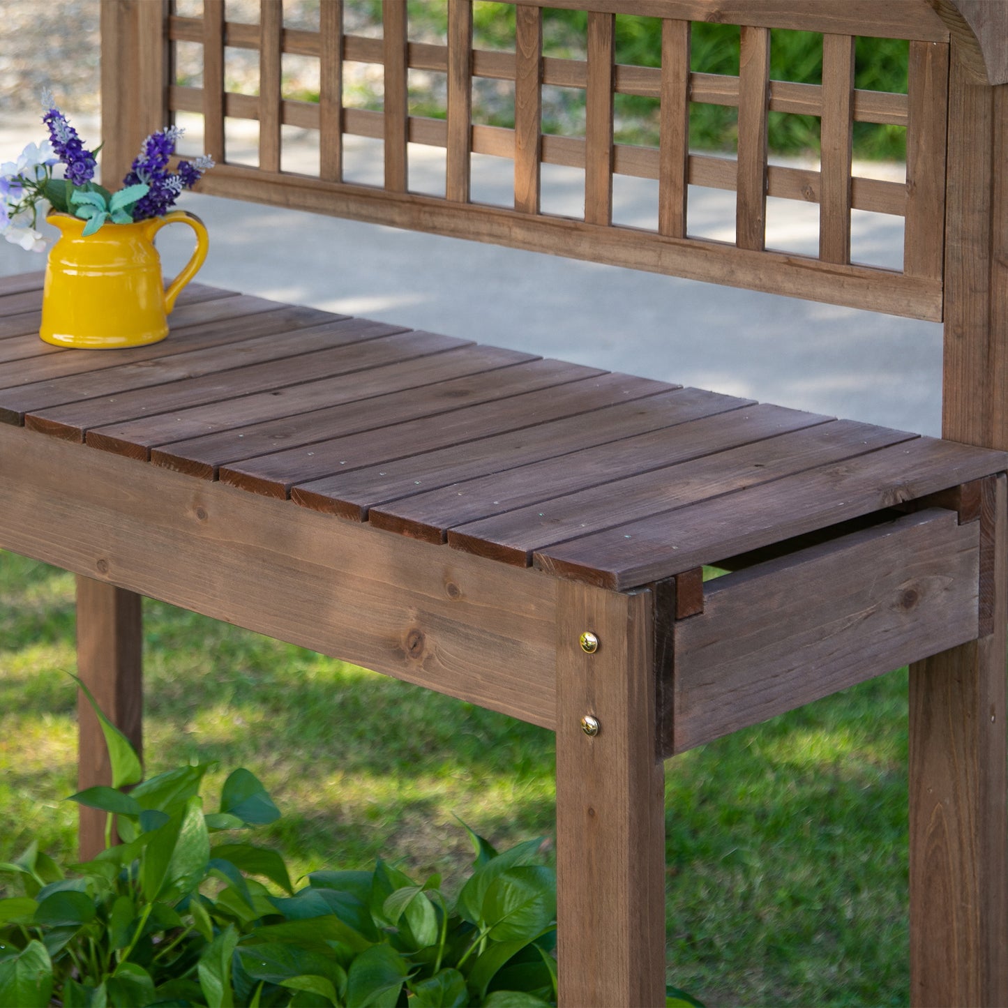Outsunny Outdoor Potting Bench Table, Wooden Workstation with Sliding Tabletop, Storage Shelf and Dry Sink, for Greenhouse, Garden, Patio, Brown