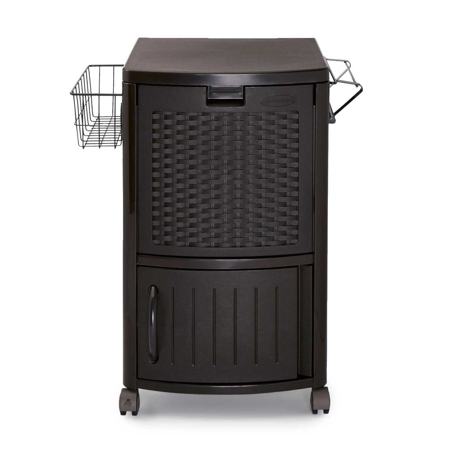 Suncast 77 Quart Patio Cooler w/Cabinet and Basket w/Wicker Trash Hideaway