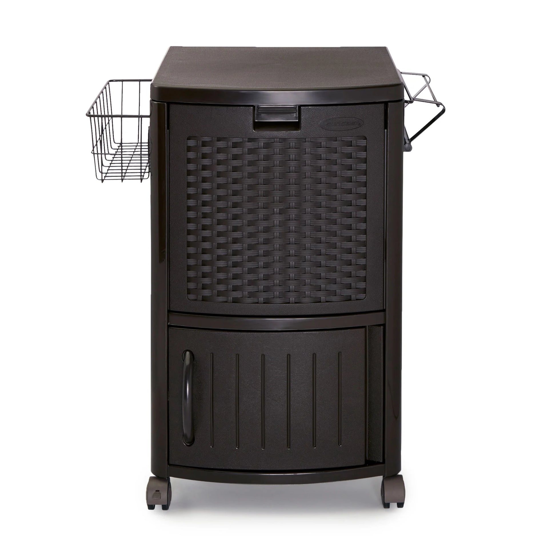 Suncast 77 Quart Patio Cooler w/Cabinet and Basket w/Wicker Trash Hideaway