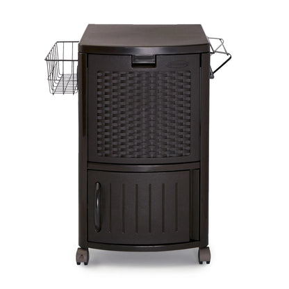Suncast 77 Quart Patio Cooler w/Cabinet and Basket w/Wicker Trash Hideaway