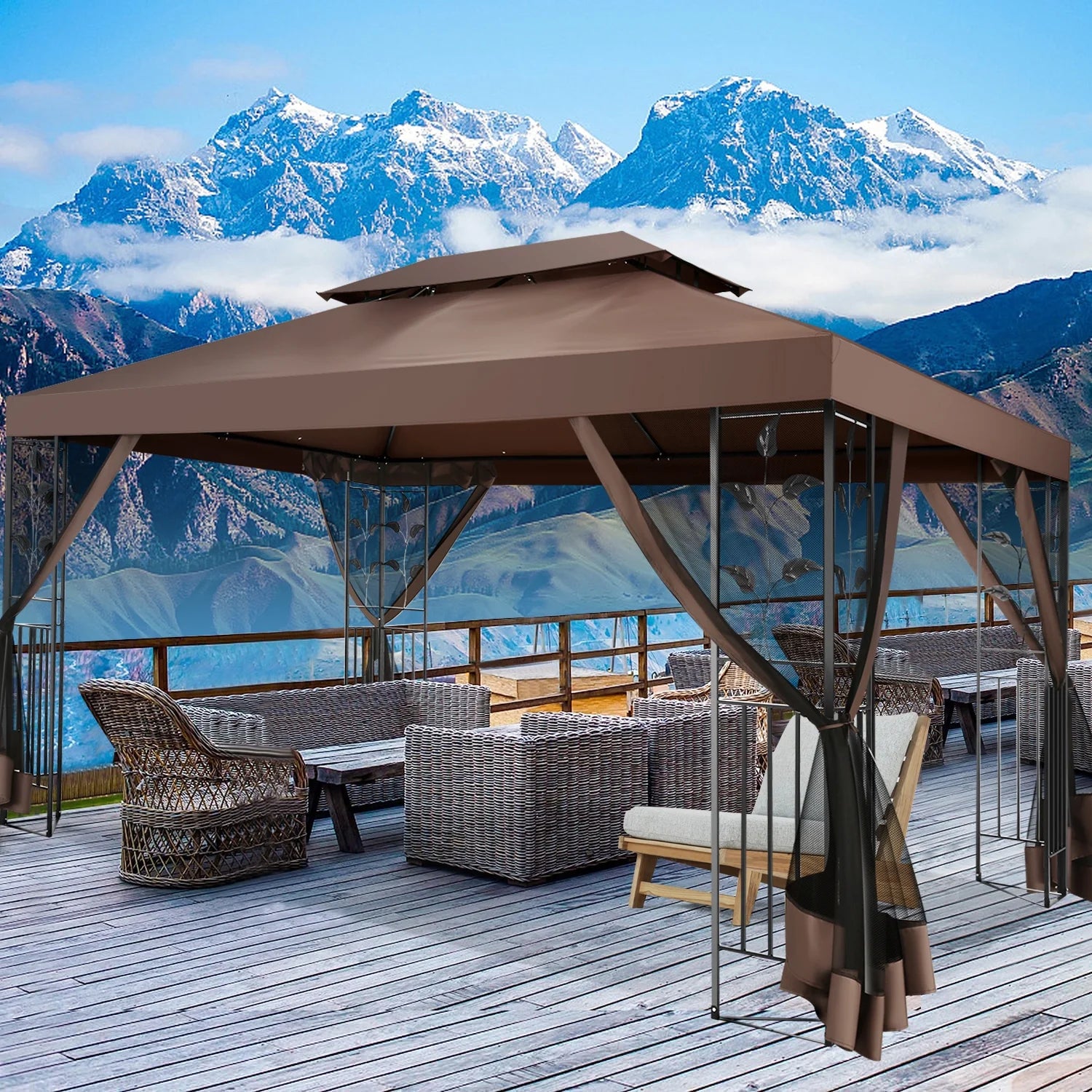 SANOPY 10'x13.3' Metal Patio Gazebo, Outdoor Gazebo Canopy Tent for Backyard with Mesh Curtains, Gazebos Shelter with Display Shelves, Steel Frame, Patio Covers for Tailgate