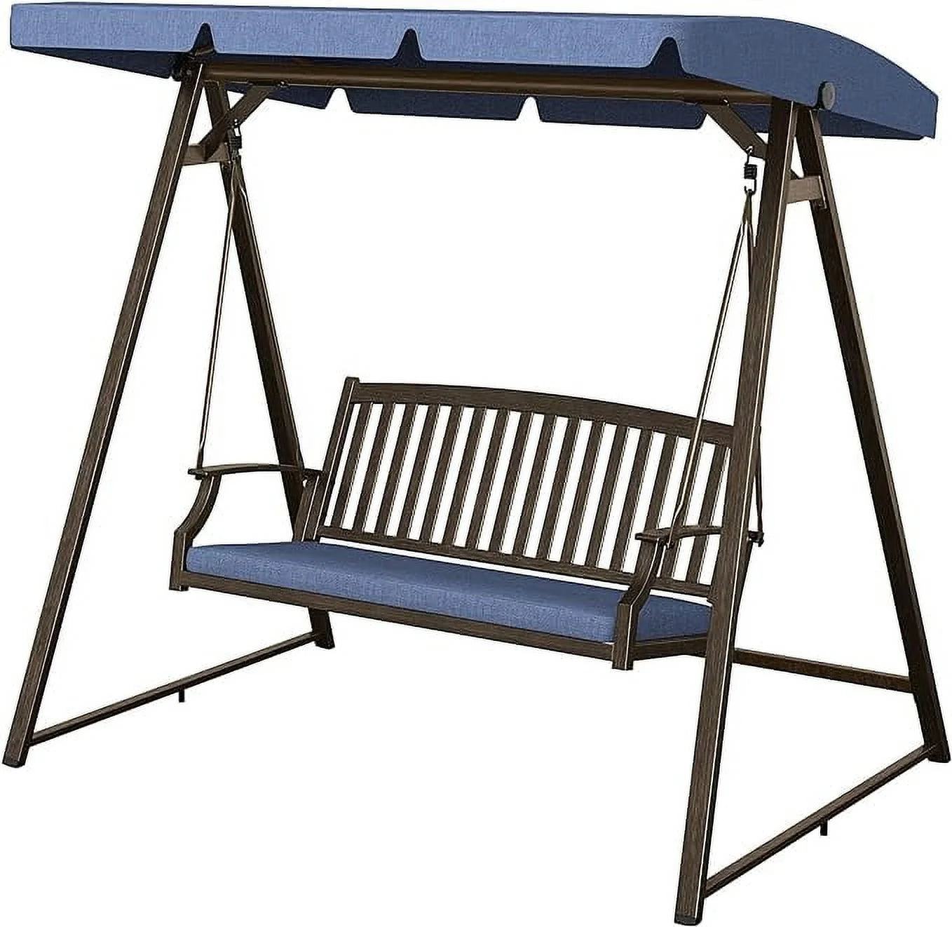 Grand Patio Porch Swing, Outdoor 2-Seat Patio Swing Chair, Adjustable Tilt Canopy, with Removable Cushion, Weather Resistant Powder Coated Painted Woodgrain Frame, Farmhouse Style-Dark Blue