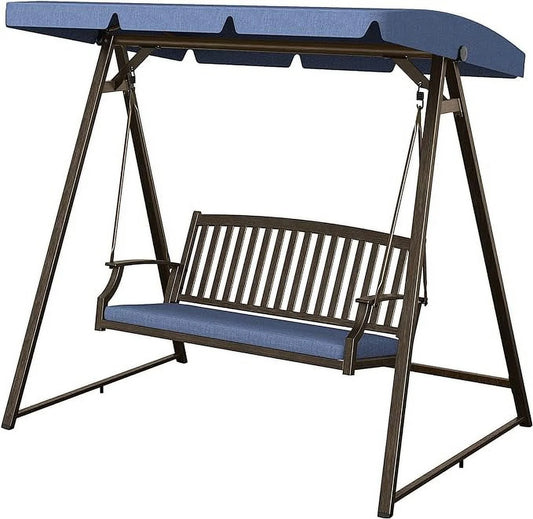 Grand Patio Porch Swing, Outdoor 2-Seat Patio Swing Chair, Adjustable Tilt Canopy, with Removable Cushion, Weather Resistant Powder Coated Painted Woodgrain Frame, Farmhouse Style-Dark Blue