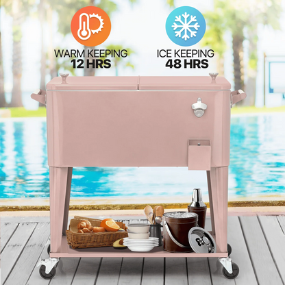 MADOG 80 Quart Rolling Cooler Ice Chest for Outdoor Patio Deck Party, Bar Cold Drink Beverage Cart Tub, Backyard Cooler Trolley on Wheels with Ice Scoop, Catch Tray & Bottle Opener, Pink