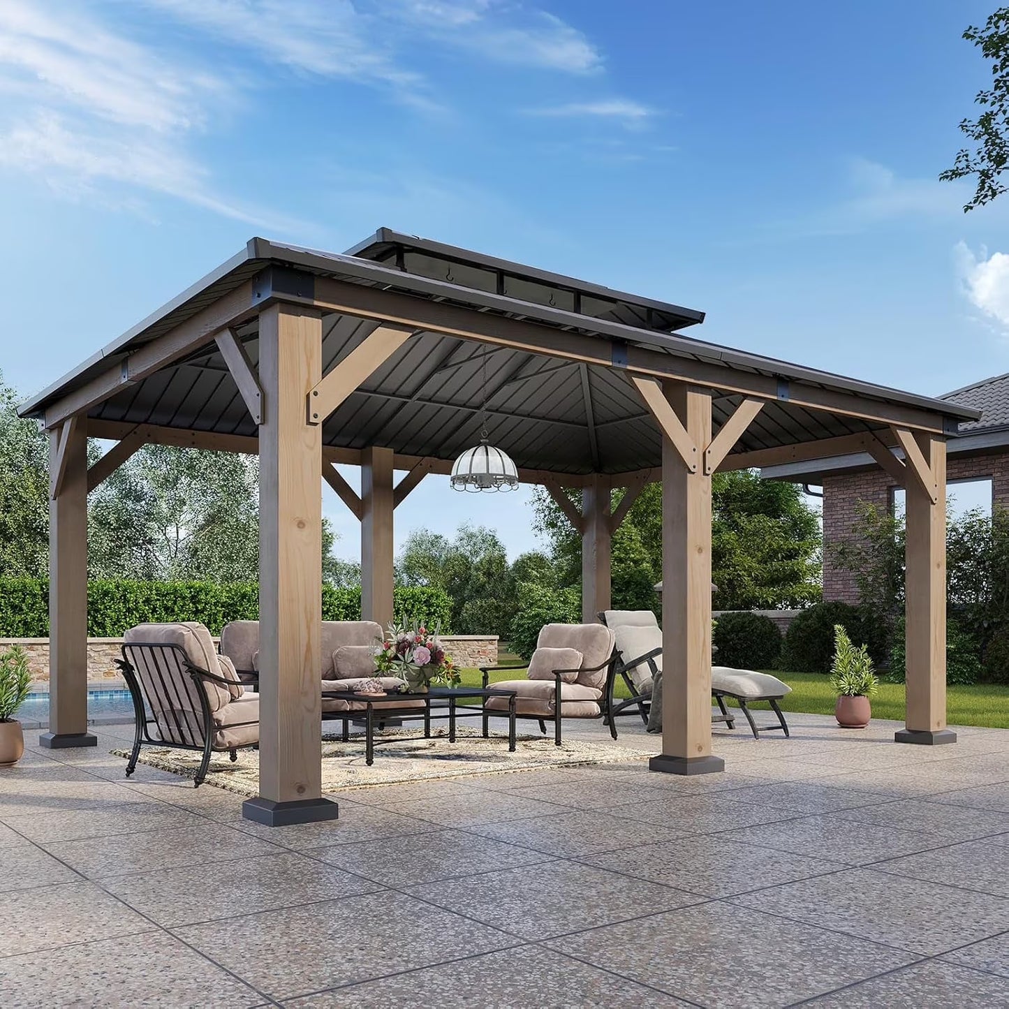 Aoxun 12' x 16' Outdoor Wood Gazebo, Hardtop Gazebo Permanent Wooden Pavilion with Galvanized Steel Double Roof, for Patio, Garden, Backyard, Cedar Wood