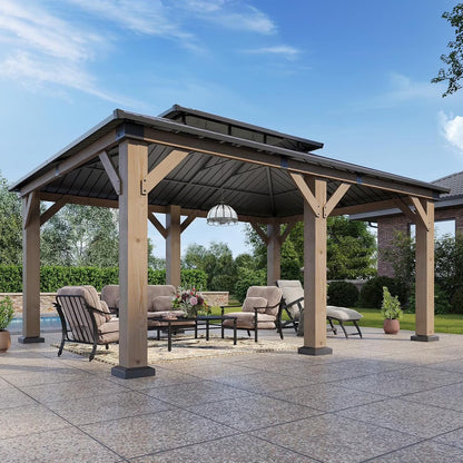 Aoxun 12' x 16' Outdoor Wood Gazebo, Hardtop Gazebo Permanent Wooden Pavilion with Galvanized Steel Double Roof, for Patio, Garden, Backyard, Cedar Wood