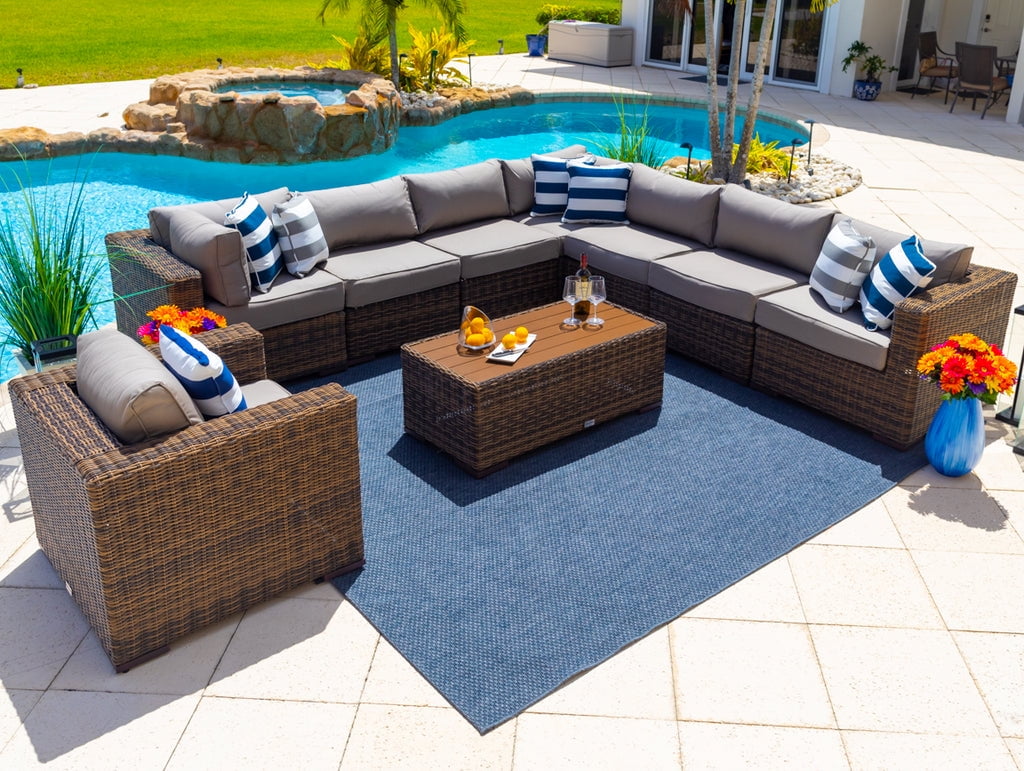 Tuscany 21-Piece Resin Wicker Outdoor Patio Furniture Combination Set with Sectional Set, Eight-seat Dining Set, and Chaise Lounge Set (Half-Round Brown Wicker, Polyester Light Gray)