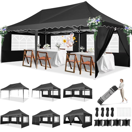 HOTEEL 10x20 Pop up Canopy Tents with Removeble Sidewalls,Outdoor Gazebo with Wheeled Bag & 4 Sandbags,for Patio,Wedding,Backyard,Camping,Parties,Event,Black