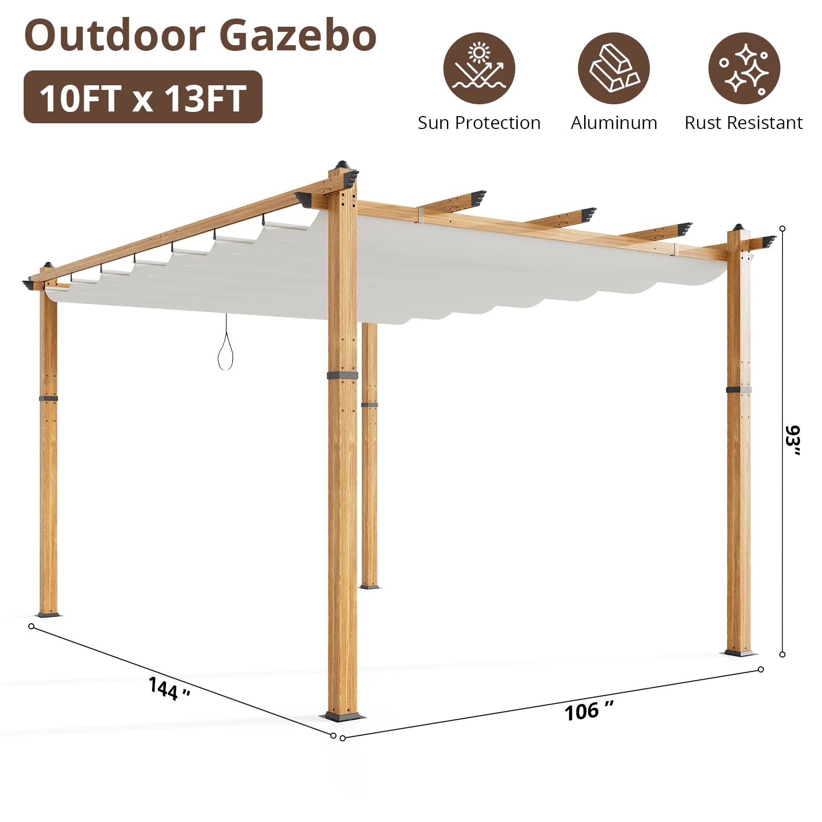 10x13 Ft Aluminum Pergola,Outdoor Metal Gazebo with Adjustable Canopy,Reinforced Frame Outdoor Shelter for Backyard,Patio Lawn and Deck - Wood grain beige