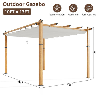 10x13 Ft Aluminum Pergola,Outdoor Metal Gazebo with Adjustable Canopy,Reinforced Frame Outdoor Shelter for Backyard,Patio Lawn and Deck - Wood grain beige