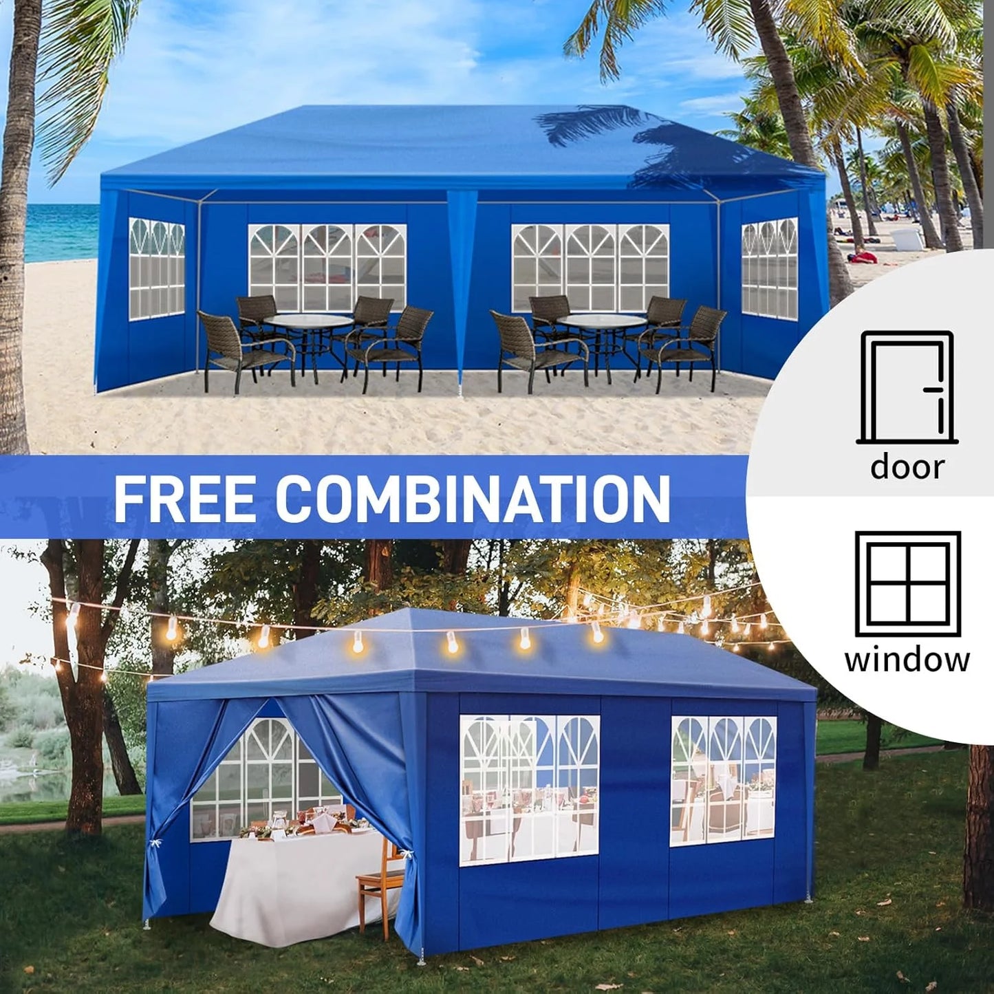 INDSUMOT Outdoor Party Tent, Patio Canopy Tent Gazebo with Removable Sidewalls Instant Event Tent for Cater Events Wedding Birthday Pavilion Beach BBQ(blue-6 walls,10'x20')
