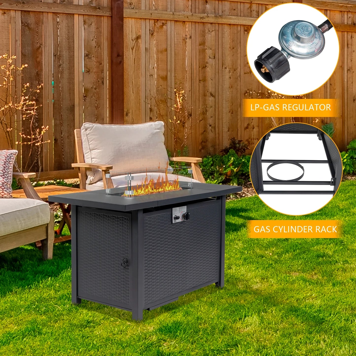 UBesGoo 43" Patio Gas Fire Pit Table, 50,000 BTU Auto-Ignition Fire Tables with Lid, Rain Cover for Outside Garden Backyard Deck Patio Black