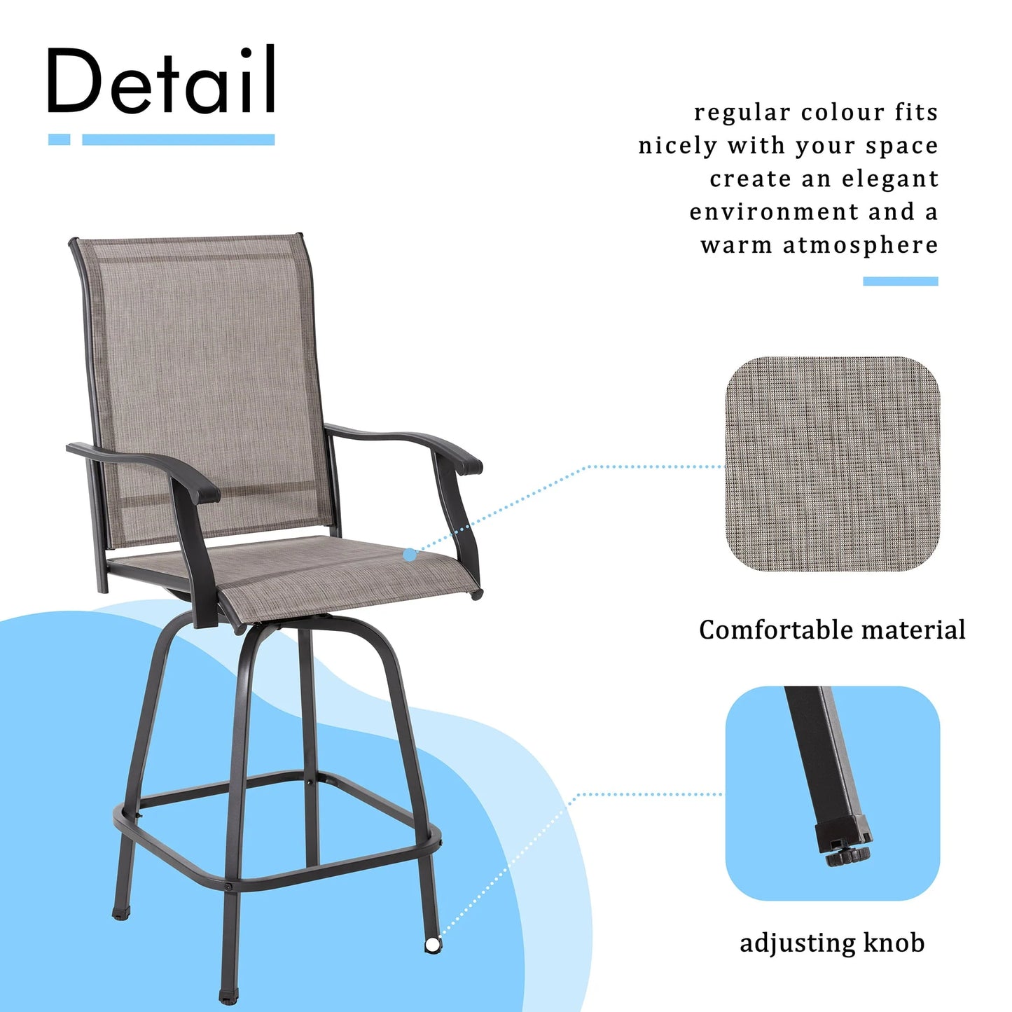 Sobaniilo Outdoor Swivel Bar Stools, All Weather Textile Patio Chairs set of 2, for Backyard, Lawn Garden, Balcony, Gray, Fabric, Steel