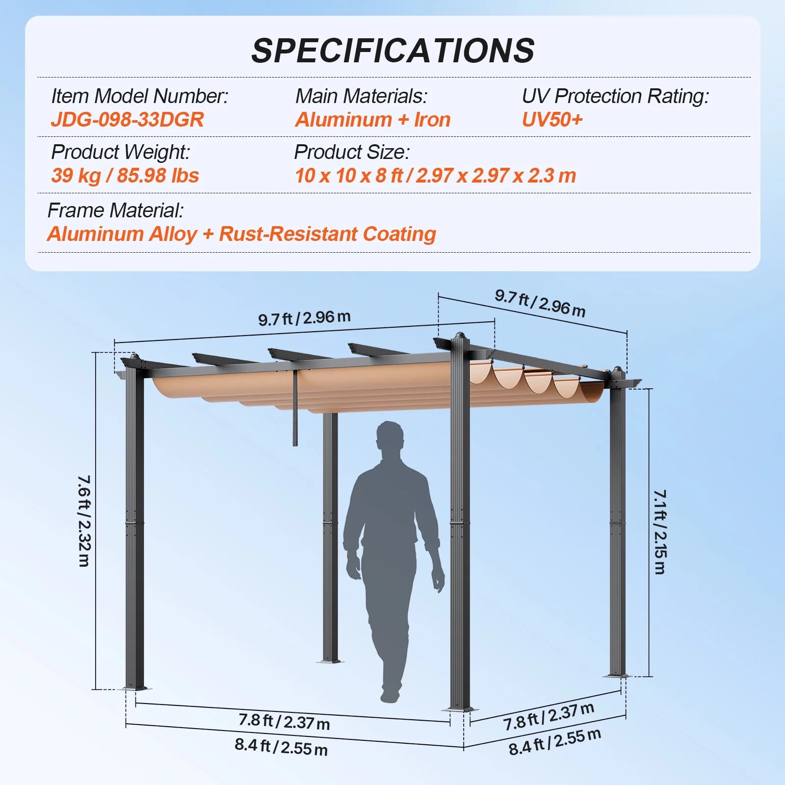 KFFKFF 10'x10' Aluminum Patio Pergola, Retractable Sun Shade Canopy, Ideal for Outdoor Gardens, Decks, and Backyards - Beige