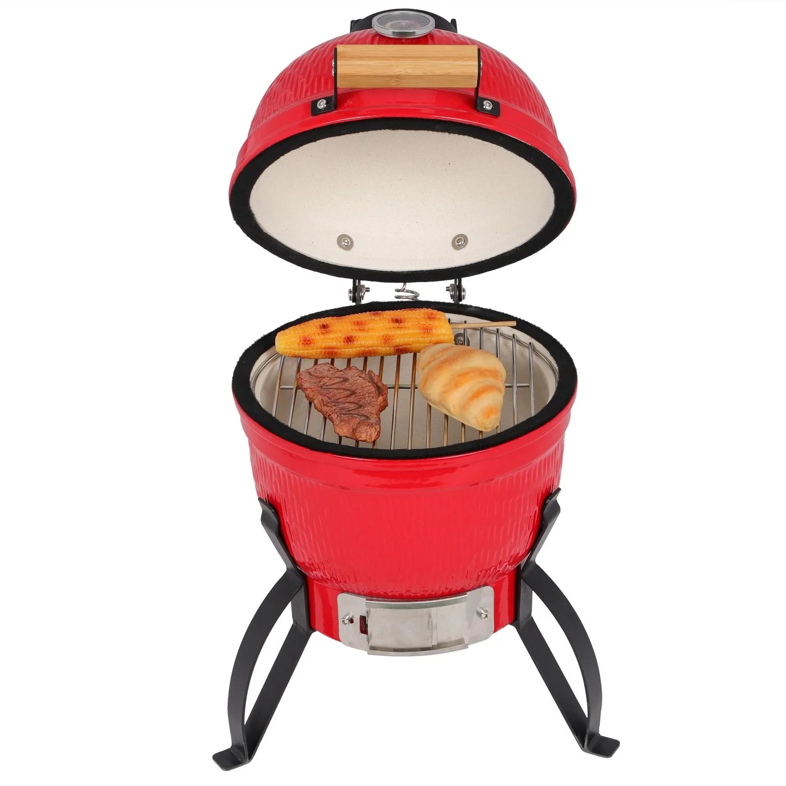13 Inch Orange Ceramic Charcoal Grill Round Kamado Style BBQ Cooker Portable Outdoor Smoker Barbecue Grill for Patio Garden Backyard Camping Cooking with Vents and Temperature Control Grill Rack