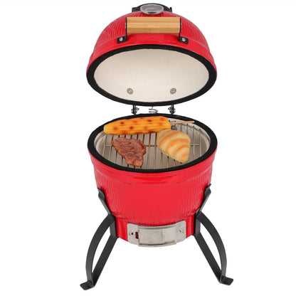 13 Inch Orange Ceramic Charcoal Grill Round Kamado Style BBQ Cooker Portable Outdoor Smoker Barbecue Grill for Patio Garden Backyard Camping Cooking with Vents and Temperature Control Grill Rack