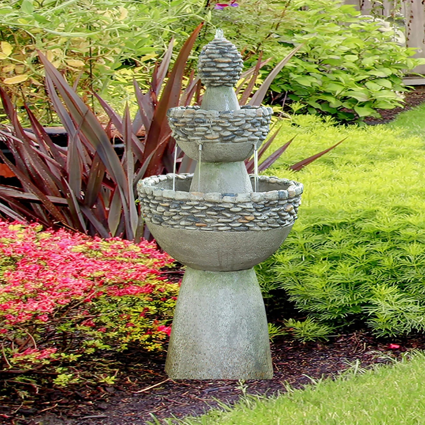 Teamson Home Patios Stone-Look 3-Tier Pedestal Floor Fountain, Gray