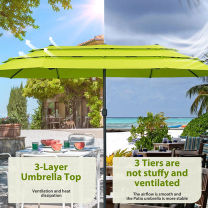 Ainfox 15ft Large Patio Umbrella, 3-Tiers Outdoor Double-Sided Rectangle Market Heavy Duty Umbrellas, Grass Green