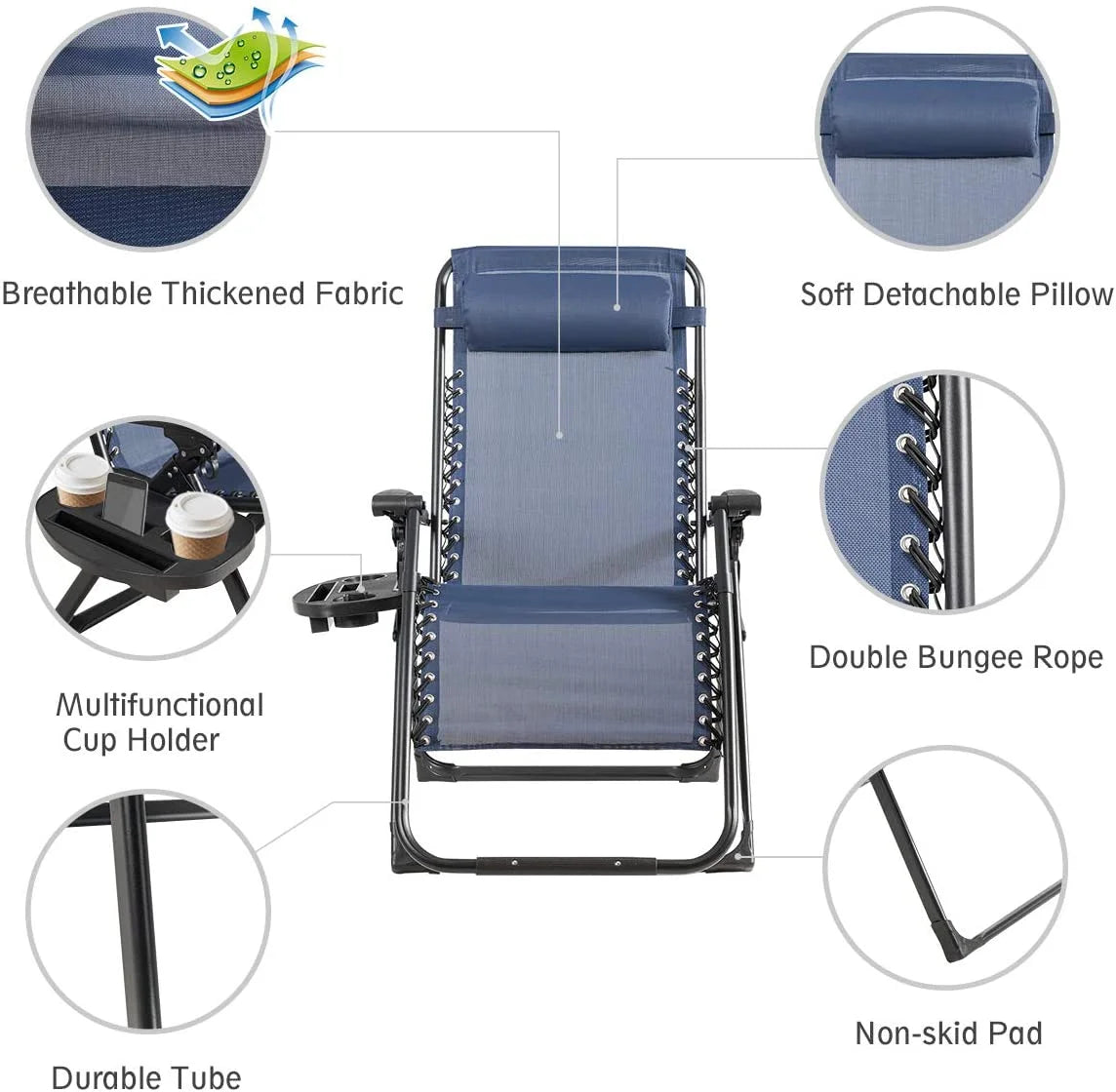 S AFSTAR Chair, Oversized Outdoor Lounge Chair with Cup Holder & Detachable Pillow, Folding Patio Recliner, Lawn Chair for Poolside Backyard Beach, Support 500 Lbs (Navy)