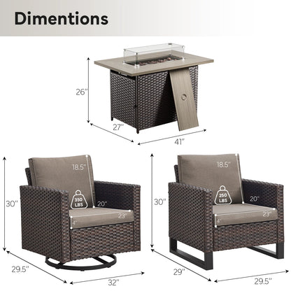 Gymojoy 5 Pieces Outdoor Swivel Rocker Chairs Patio Furniture Set with Gas Fire Pit Table, Wicker Patio Conversation Fire Pit Table Set for Garden, Deck, Porch, Backyard,Beige