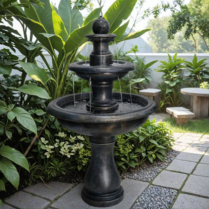 3-Tiers Modern Concrete Outdoor/Indoors Floor Fountain - Round Large Outdoor Freestanding Waterfalls Fountains for Garden, Patio, Yard, and Deck Decor