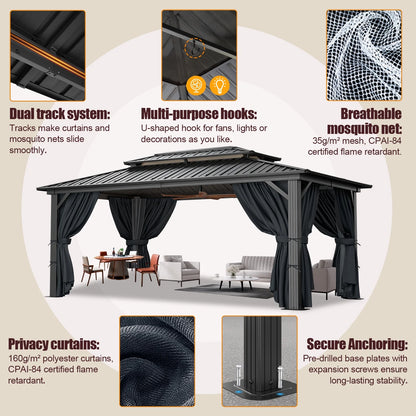SANOPY 10x15ft Hardtop Gazebo Outdoor with Netting and Curtains Patio Gazebo Canopy Tent for Shade and Rain Double Roof Aluminum Permanent Gazebo Canopy for Garden, Backyard
