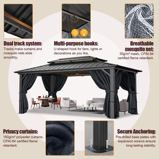 SANOPY 10x15ft Hardtop Gazebo Outdoor with Netting and Curtains Patio Gazebo Canopy Tent for Shade and Rain Double Roof Aluminum Permanent Gazebo Canopy for Garden, Backyard