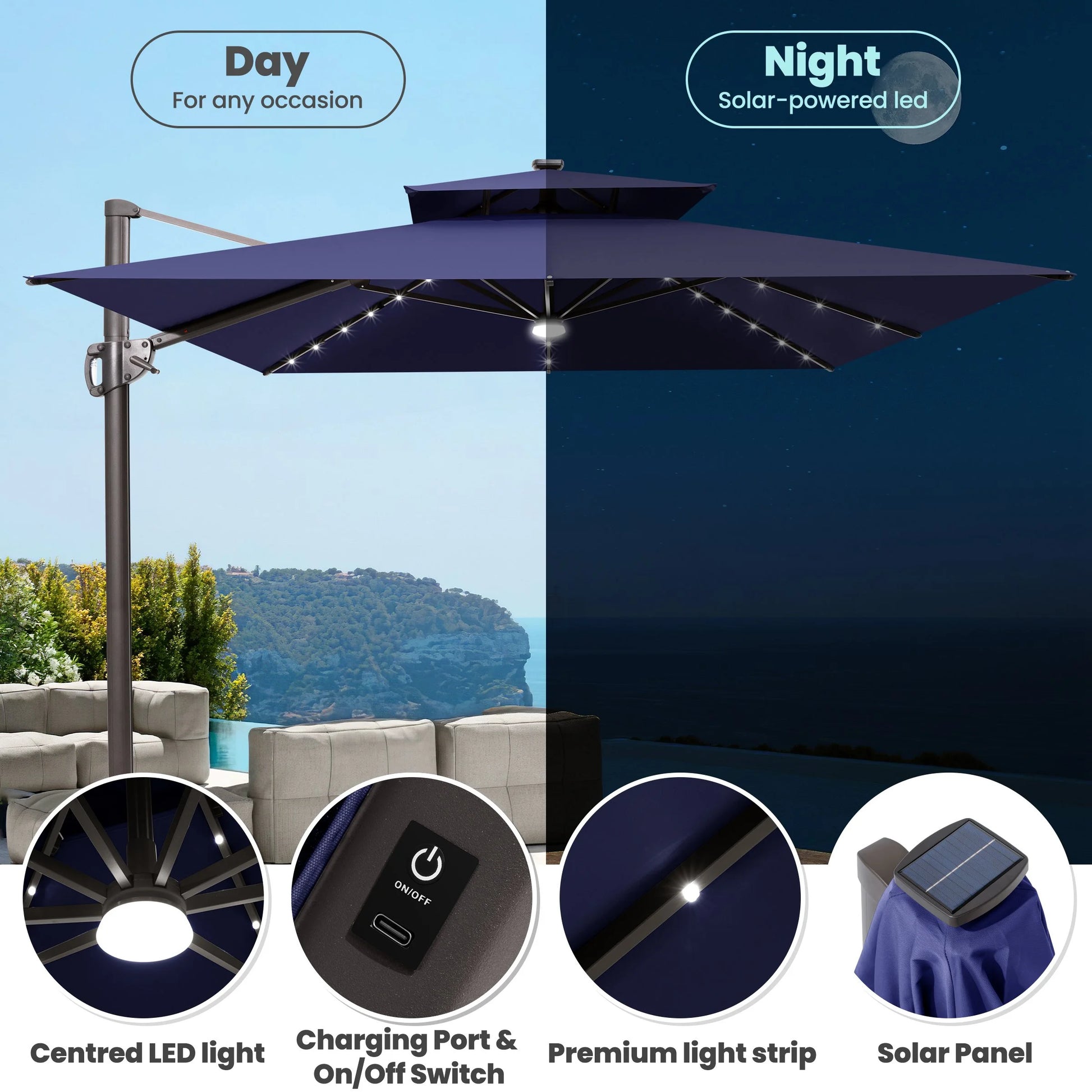 11FT Double Top Cantilever Umbrella Outdoor 360° Rotation 6 Heights Adjustable Offset Umbrella Metal Pole Cantilever Patio Umbrella With Light