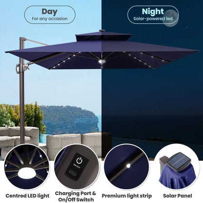 11FT Double Top Cantilever Umbrella Outdoor 360° Rotation 6 Heights Adjustable Offset Umbrella Metal Pole Cantilever Patio Umbrella With Light