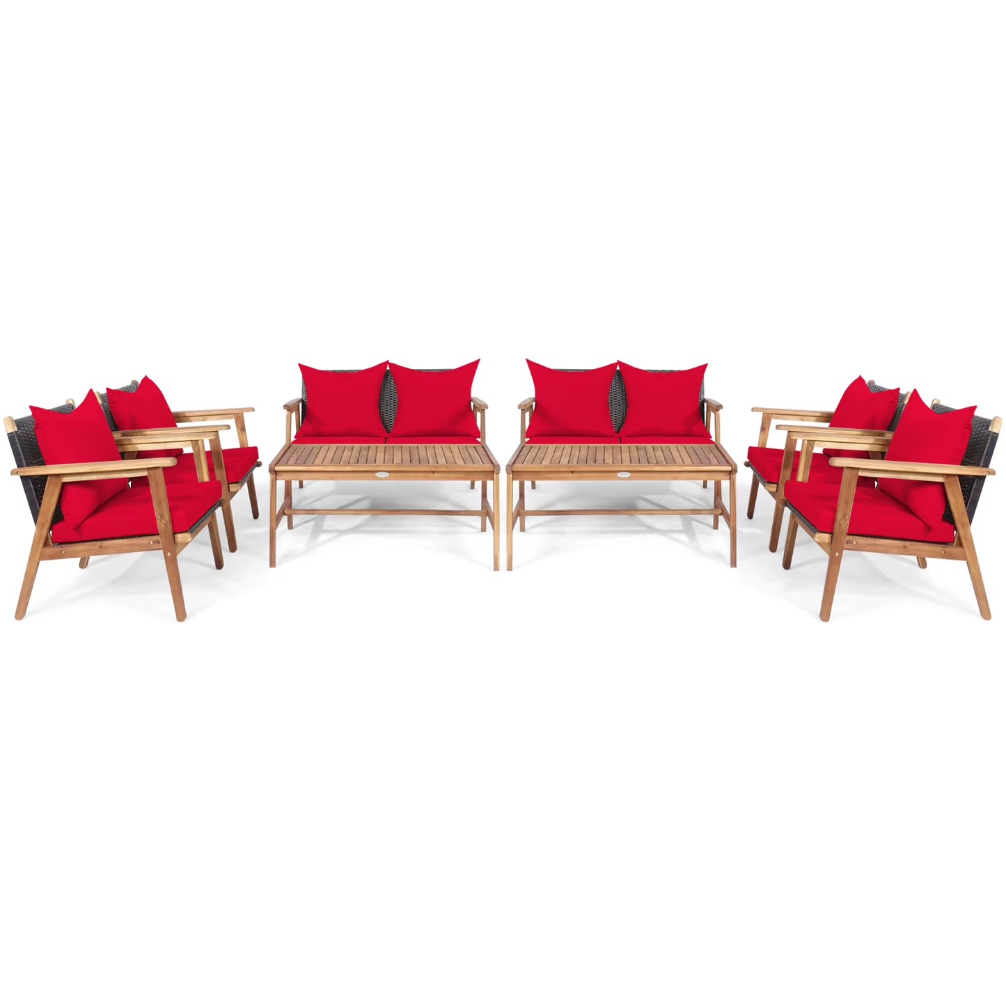 Patiojoy 8PCS Patio Rattan Furniture Set Wood Frame Cushioned Sofa with Coffee Table Sectional Conversation Sofa Set for Garden Brown