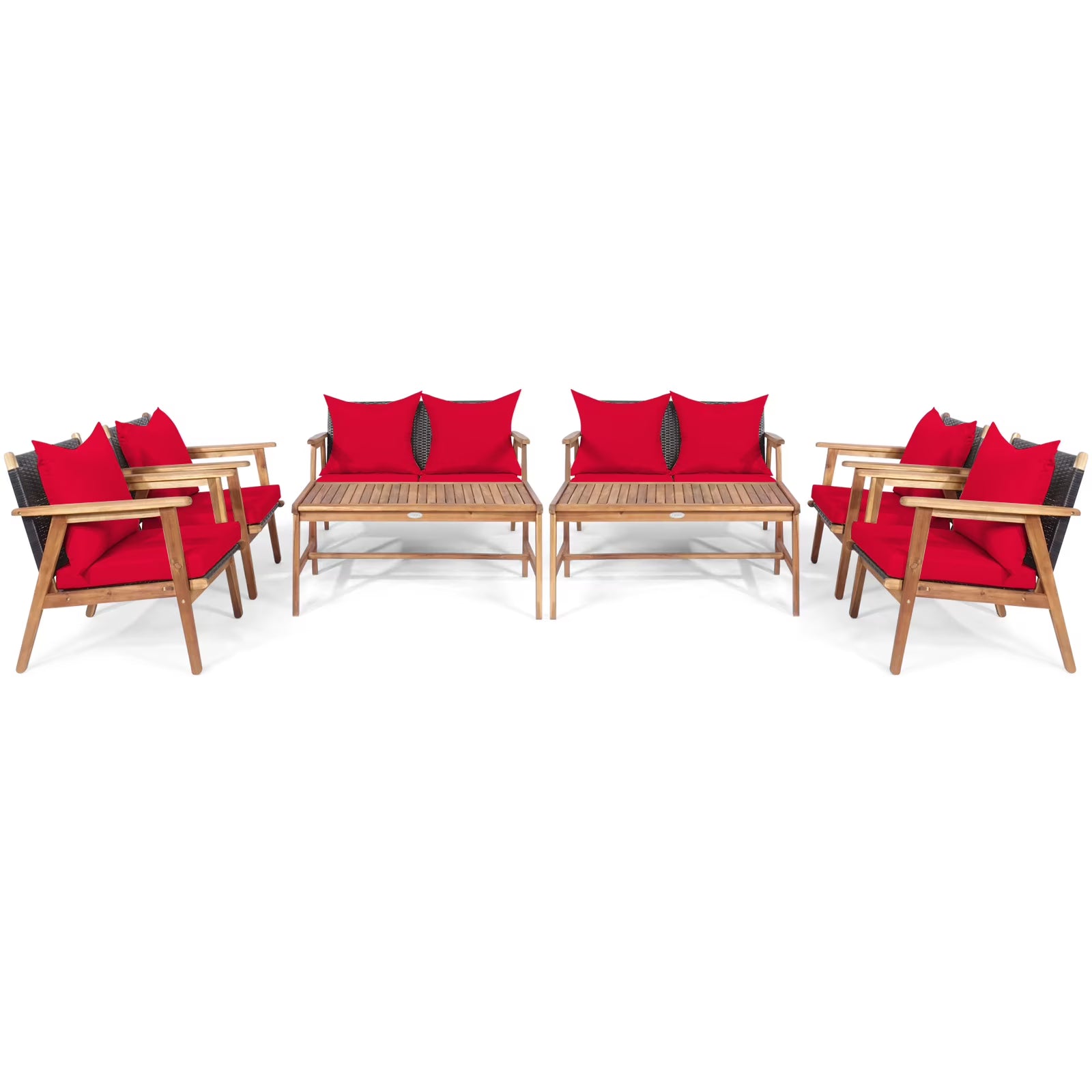 Patiojoy 8PCS Patio Rattan Furniture Set Wood Frame Cushioned Sofa with Coffee Table Sectional Conversation Sofa Set for Garden Brown