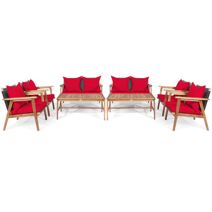Patiojoy 8PCS Patio Rattan Furniture Set Wood Frame Cushioned Sofa with Coffee Table Sectional Conversation Sofa Set for Garden Brown