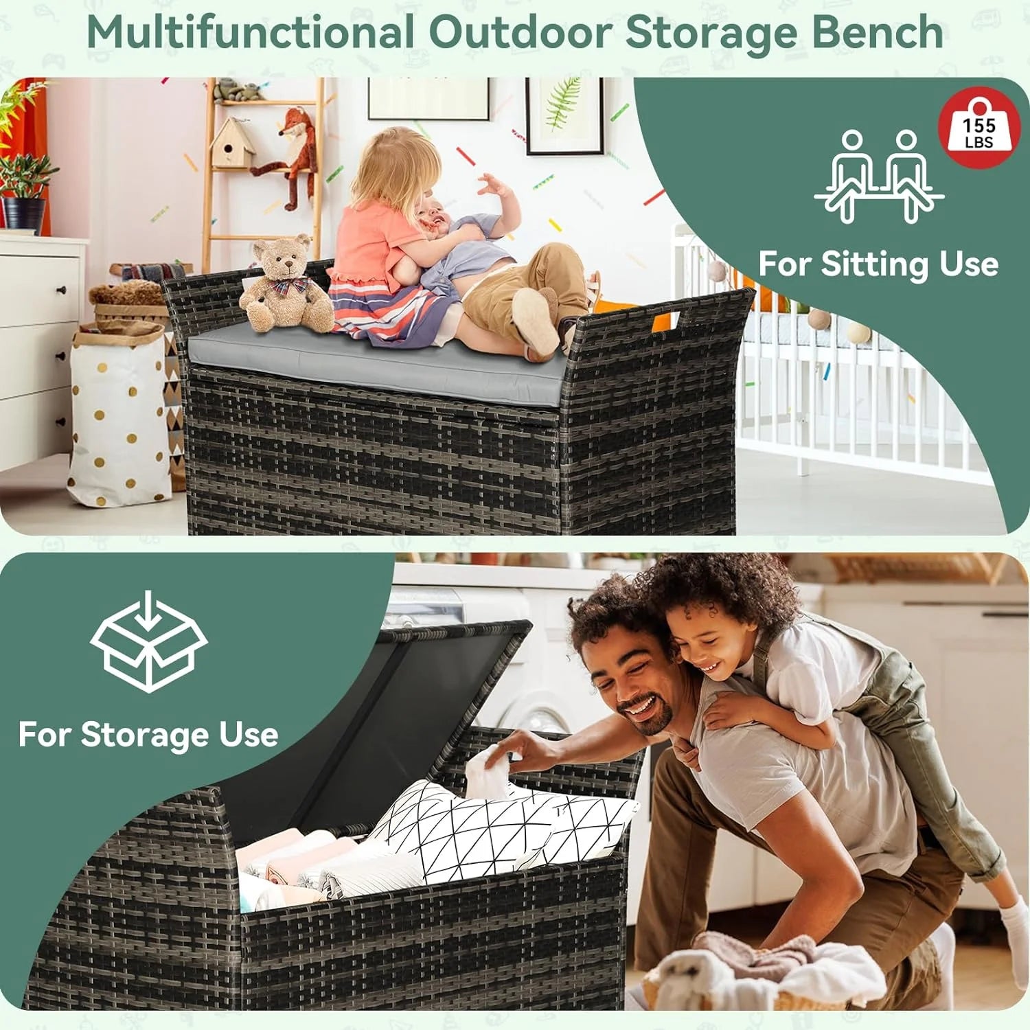 SOLAURA 90 Gallon Patio Wicker Storage Bench w/Cushion, Outdoor Rattan Deck Storage Box w/Handles & Hydraulics, Gray