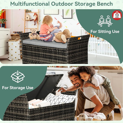 SOLAURA 90 Gallon Patio Wicker Storage Bench w/Cushion, Outdoor Rattan Deck Storage Box w/Handles & Hydraulics, Gray