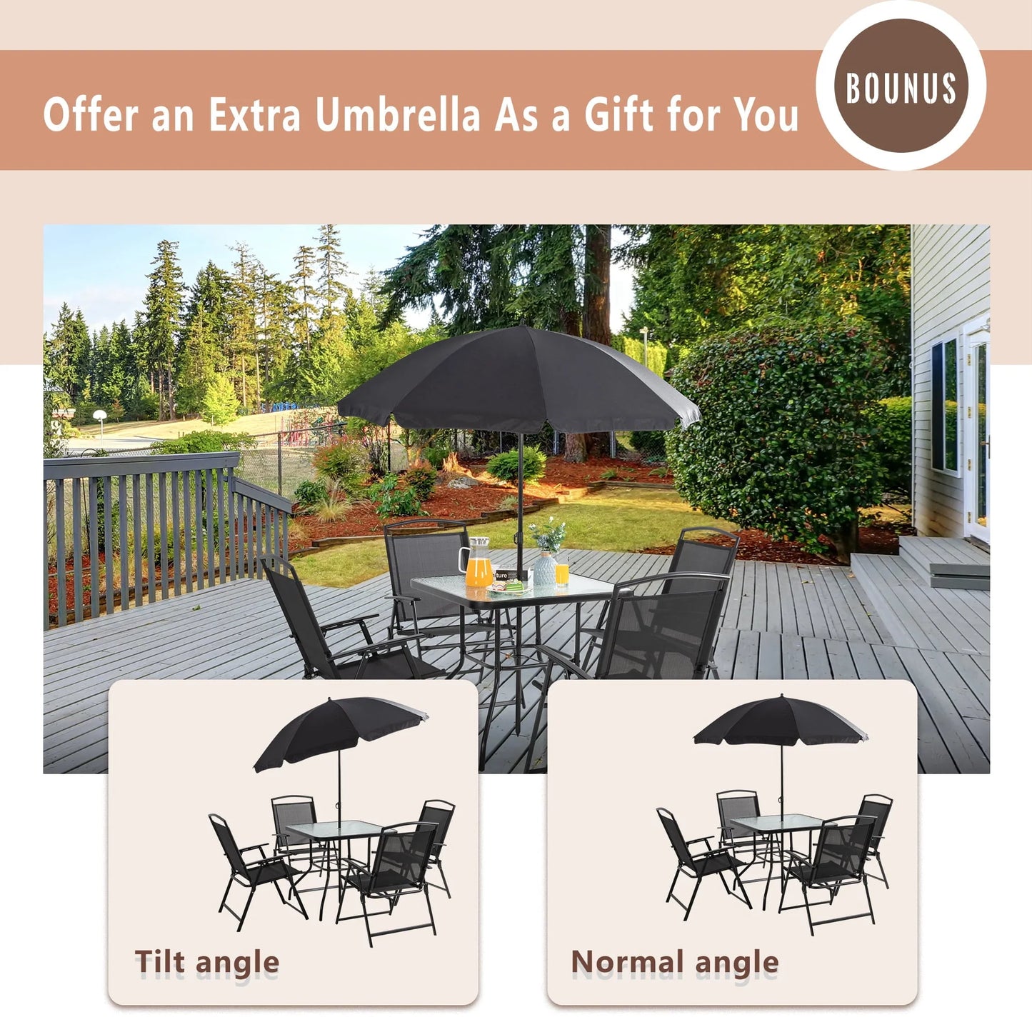 Sobaniilo 6 Piece Folding Outdoor Dining Set for 4, Metal Patio Garden Patio Furniture Table and Chair Set with Umbrella, Black