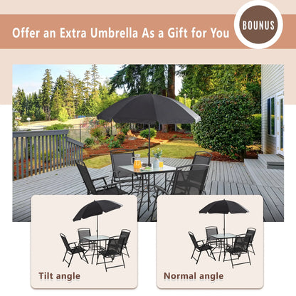 Sobaniilo 6 Piece Folding Outdoor Dining Set for 4, Metal Patio Garden Patio Furniture Table and Chair Set with Umbrella, Black