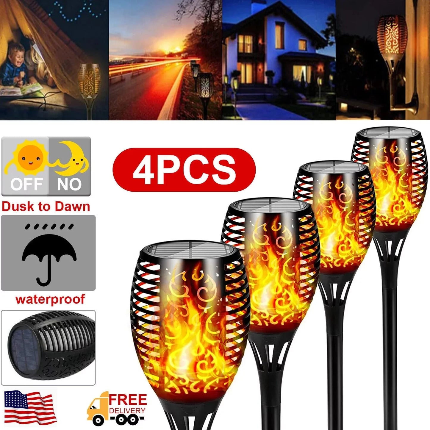 Flickering Solar Lights, 4 Pack Tiki Torch Lights with Flickering Flame, LED Waterproof Bamboo Yard Torch for Outside Garden Patio Pathway Blcak