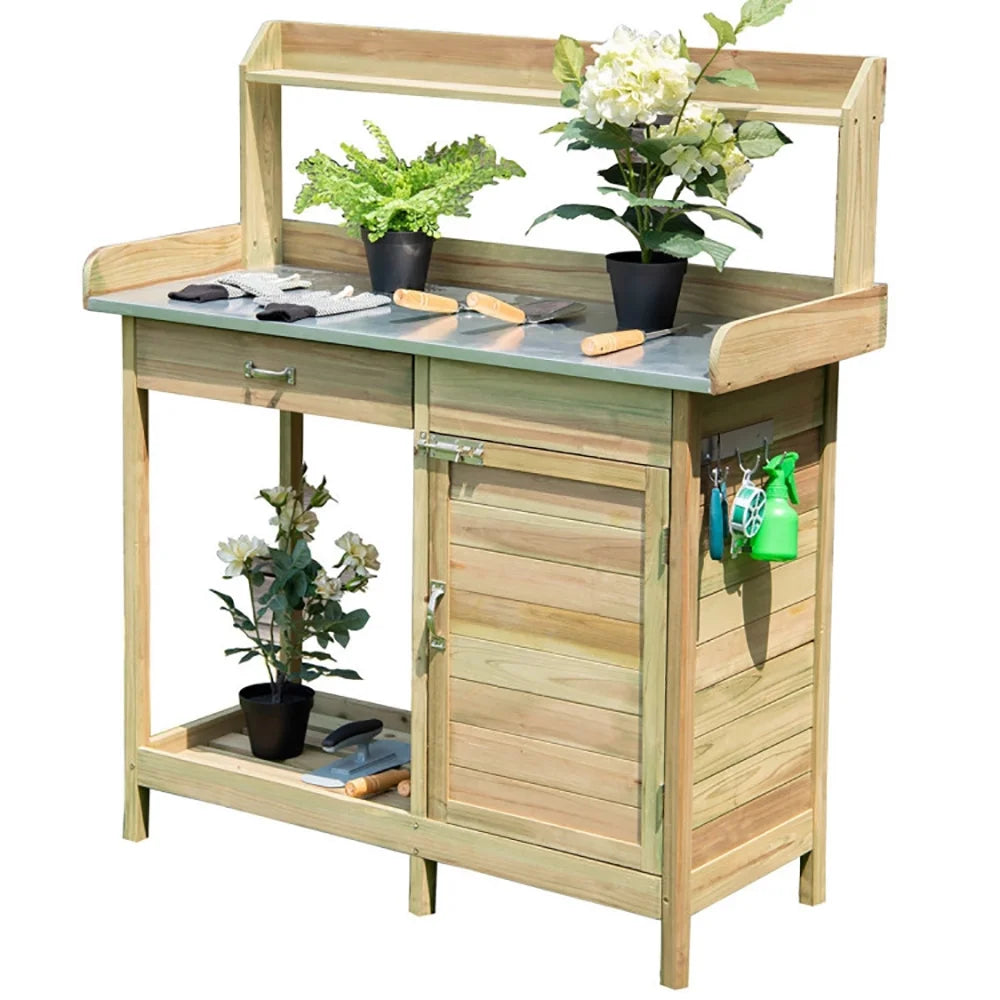 Spaco Outdoor Garden Wooden Work Station Potting Bench, Outdoor Patio Furniture Hardwood Potting Bench, Natural
