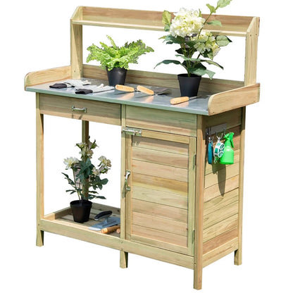 Spaco Outdoor Garden Wooden Work Station Potting Bench, Outdoor Patio Furniture Hardwood Potting Bench, Natural