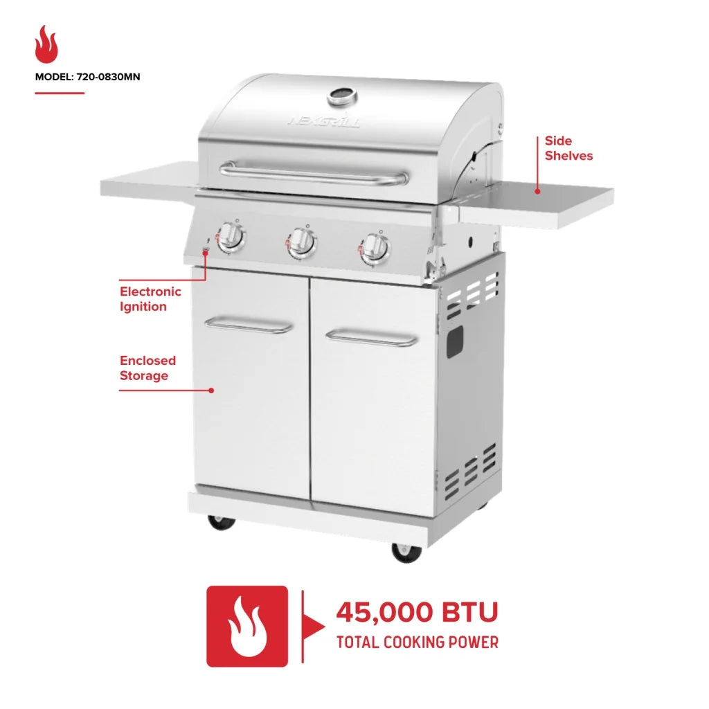 Nexgrill 3-Burner Stainless Steel Propane Gas Grill with Side Tables, 40,500 BTUs, 4 Wheel Transport, 591 SQ. IN. Cooking Space, Outdoor Kitchen Grill for BBQs, Patios, and More - 720-0830MN