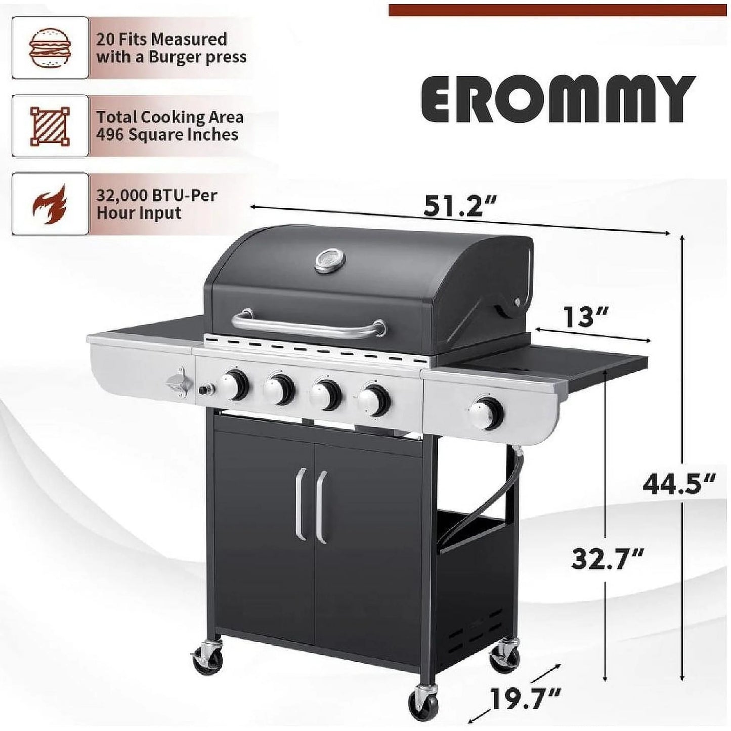 Erommy 3+1/4+1 Burner BBQ Propane Gas Grill, 24,000/36,000 BTU Stainless Steel Patio Barbecue Grill with Stove and Side Table 3+1 burner