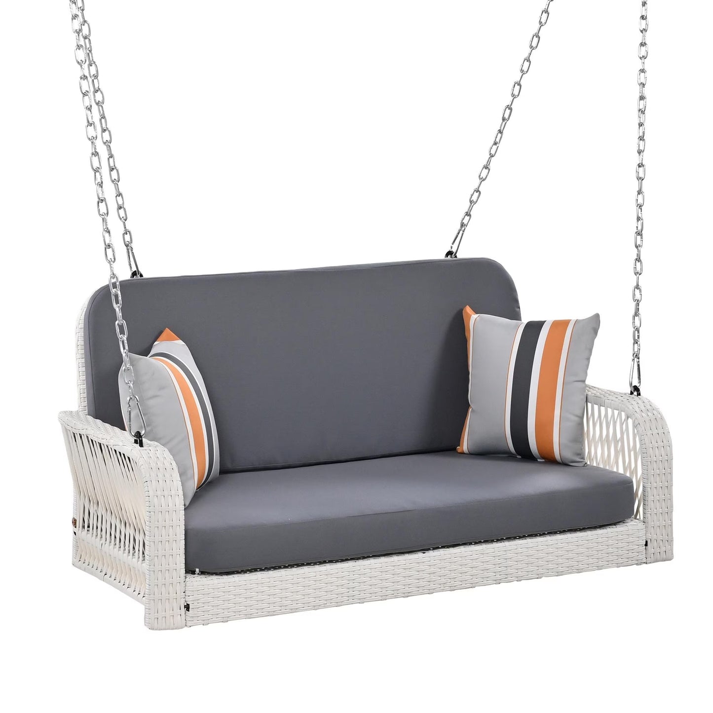 SEGMART 2 Person Wicker Hanging Swing Bench, Front Porch Swing Outdoor Chair with Cushion and Pillow, Patio Furniture Swing for Deck, Backyard, Garden, Gray
