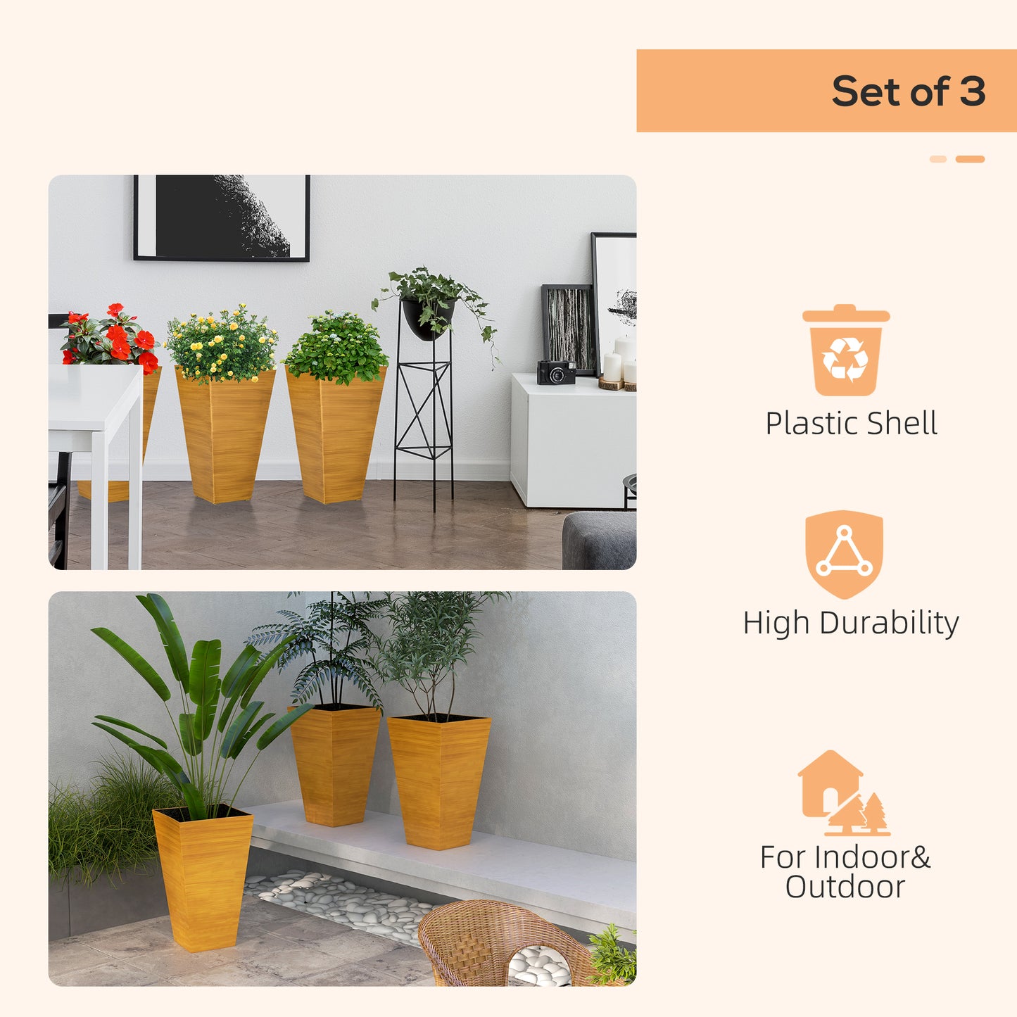 DUOSONG Outsunny 28" Tall Outdoor Planters, Set Of 3 Large Taper Planters With Drainage Holes And Plug, Faux Wood Plastic Flower Pots For Outdoor, Indoor, Garden, Patio, Tan Brown Polypropylene
